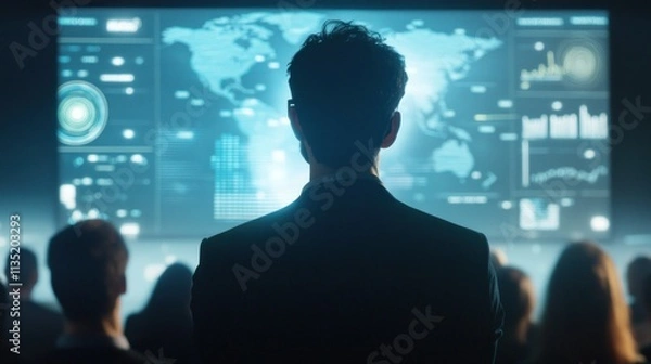 Fototapeta Businessman addressing audience, global data on screen.