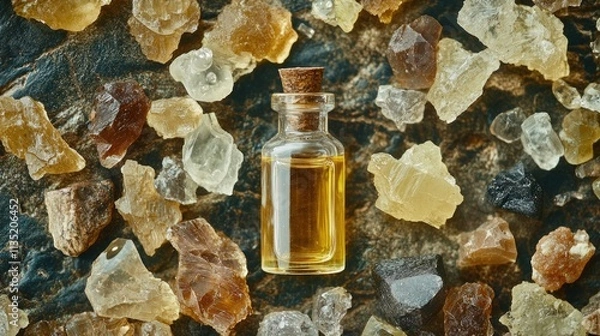Obraz frankincense essential oil in a bottle. Selective focus.
