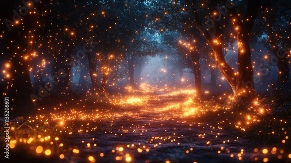 Fototapeta Enchanted Forest Path Lit by Magical Fireflies at Night.