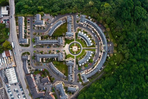 Fototapeta Aerial view directly above a new build housing estate in the UK with circular design