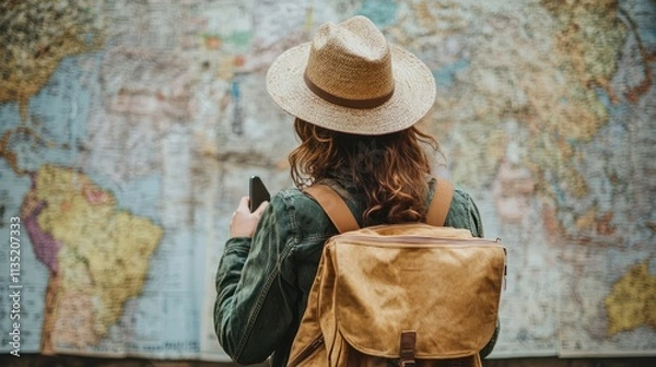 Fototapeta Planning a Journey: Adventurous Woman with Backpack Studying a World Map