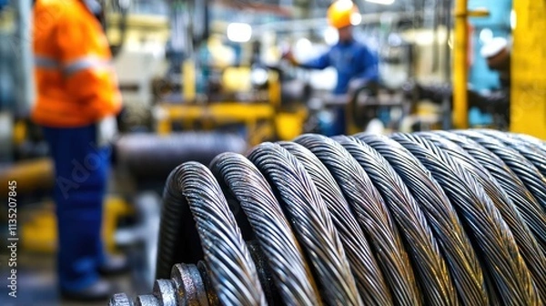 Fototapeta Heavy-duty wire cable in an industrial setting with workers in the background.