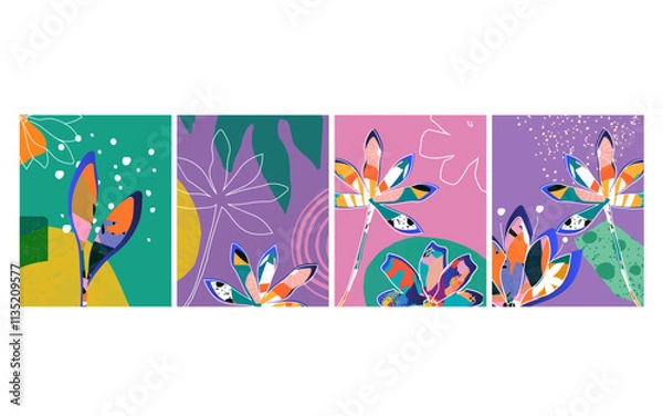 Obraz Vector Nature Inspired Cards with Floral and Leaf Motifs in Modern Design Style