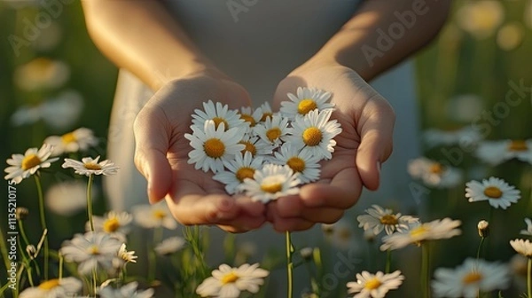 Obraz Woman holding daisies in her hands in a field. Selective focus.