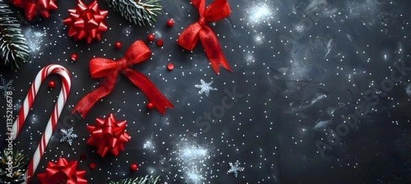 Obraz A black chalkboard-like background with bright white chalk-style Christmas designs, candy canes, and tiny red bows