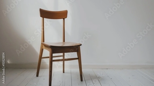 Fototapeta wooden chair in white room with window and shadow on the wall