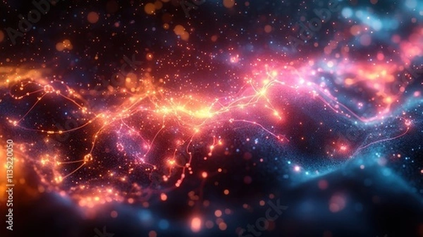 Fototapeta Abstract Cosmic Nebula Background Vibrant Red and Blue Glowing Particles with Sparkling Light Trails - High-Resolution Stock Photo