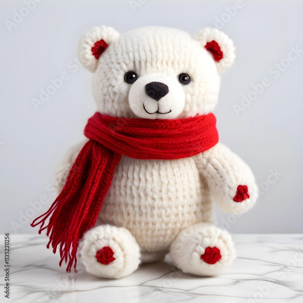 Fototapeta A cute knitted teddy bear made of white woolen threads in a red scarf sits on a white table