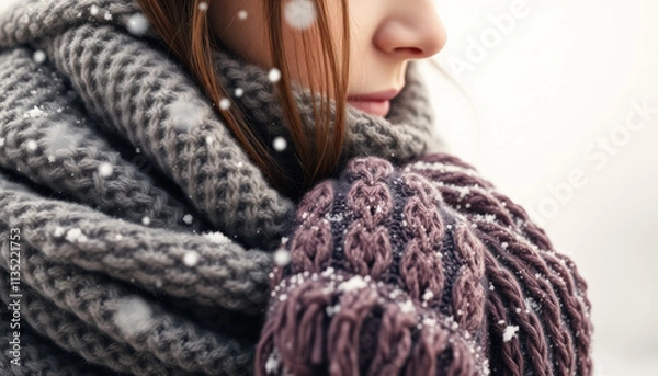 Fototapeta Close-up portrait of a woman wrapped in a warm knitted scarf, enjoying a snowy winter day with delicate snowflakes falling.