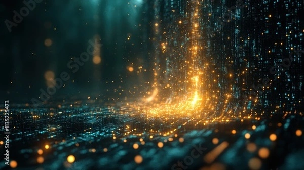 Fototapeta Abstract Digital Data Stream Glowing Teal and Gold Binary Code Background Image