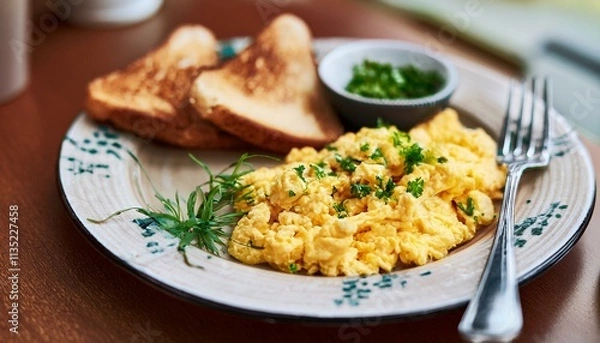 Fototapeta 스크램블 에그와 토스트가 담긴 접시, 그리고 신선한 허브 장식