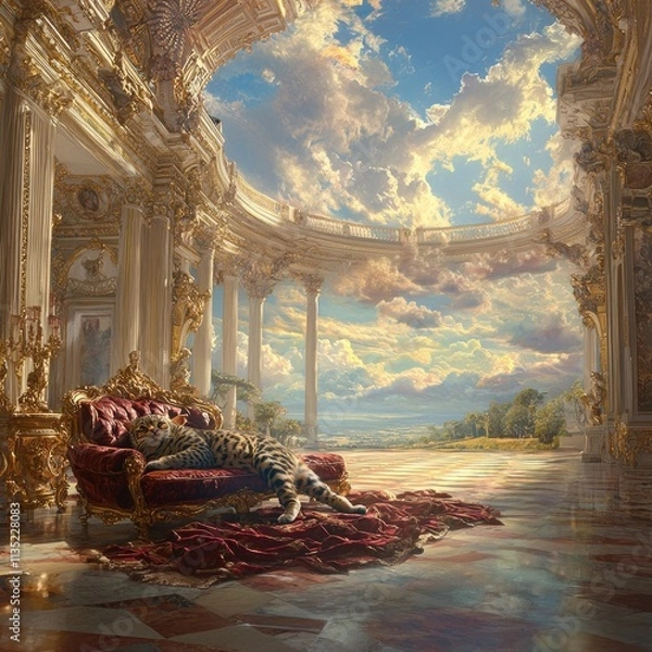 Fototapeta A luxurious interior scene featuring a tiger lounging on an ornate couch.