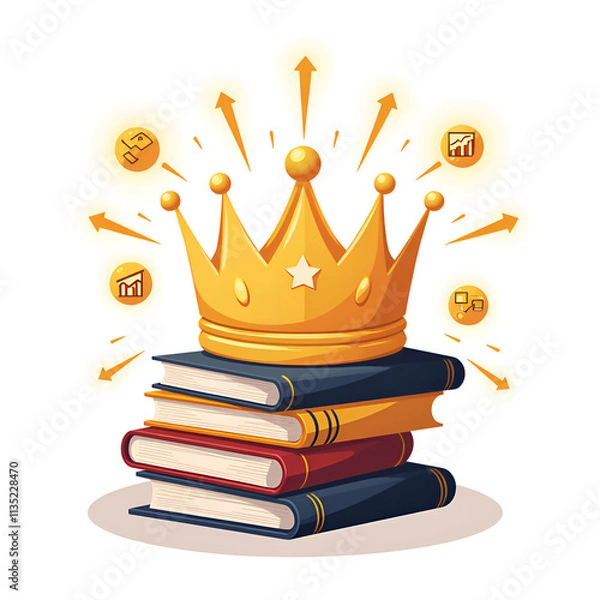 Fototapeta A golden crown surrounded by charts and books  symbolizing knowledge as power, digital art of conceptual art concept.