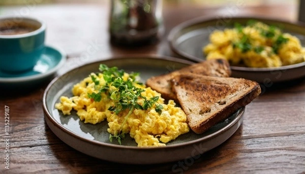 Fototapeta 스크램블 에그와 토스트가 담긴 접시, 그리고 신선한 허브 장식