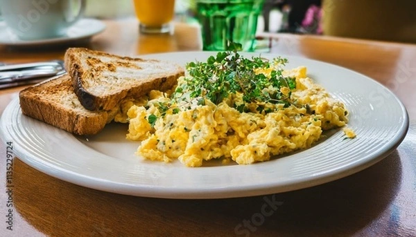 Fototapeta 스크램블 에그와 토스트가 담긴 접시, 그리고 신선한 허브 장식
