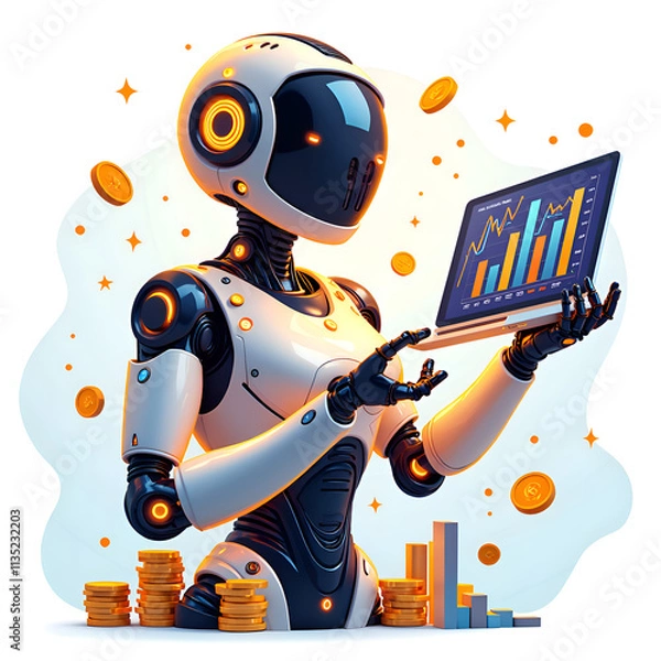 Fototapeta Futuristic robot analyzing financial data with cryptocurrency background, digital art of cybernetics concept.