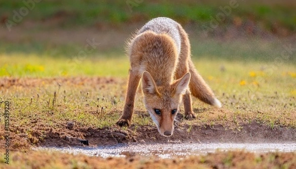 Fototapeta 바람에 먼지가 날리는 초원 위에서 물웅덩이를 찾는 작은 여우의 모습