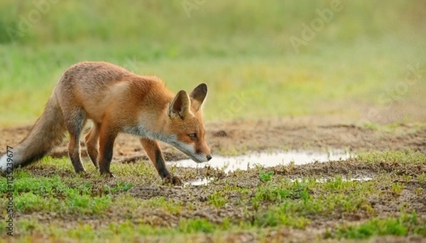 Fototapeta 바람에 먼지가 날리는 초원 위에서 물웅덩이를 찾는 작은 여우의 모습