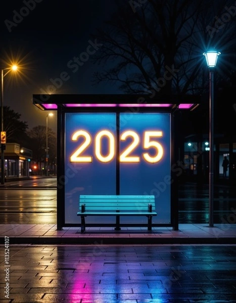 Obraz A nighttime scene at a bus stop with glowing neon "2025" displayed on a glass panel behind a teal bench, featuring wet pavement reflecting colorful streetlights and a moody ambiance.

