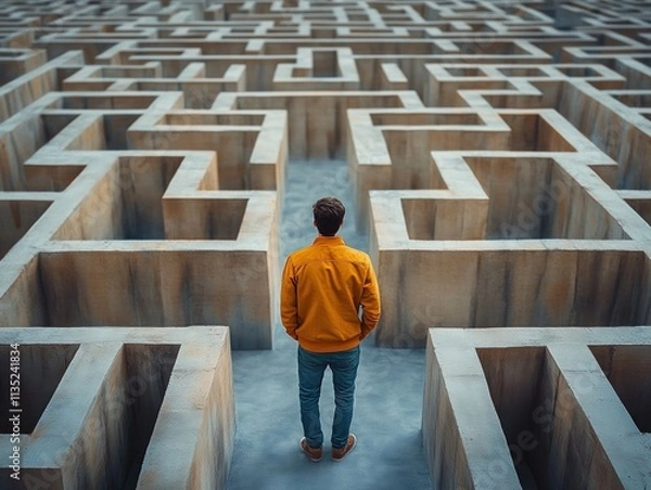 Fototapeta Man in orange jacket explores intricate maze searching for an exit in a challenge of navigation and problem-solving