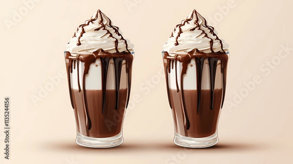 Fototapeta Symmetrical chocolate milkshake with whipped cream and chocolate drizzle on top. Drizzle. Illustration