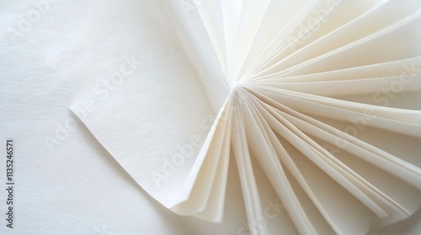Fototapeta  A close-up of the pages in an open book, with one page folded up to reveal the texture of the white paper.
