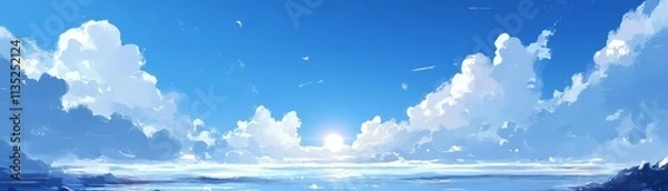 Fototapeta Serene Seascape Painterly Clouds, Calm Ocean, Sunset, Digital Art, Landscape Painting, Blue Sky Keywords Seascape, Digital painting