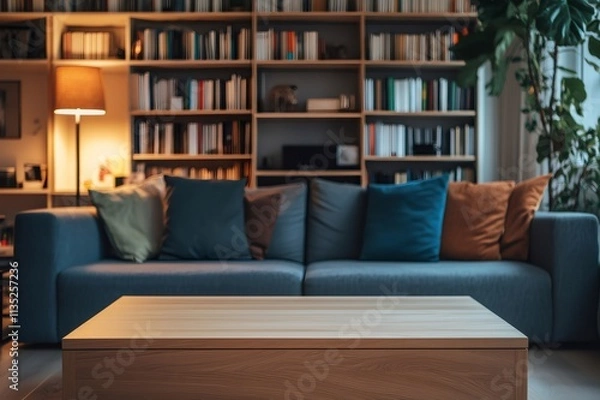 Fototapeta Empty wooden table product placement, displaying cozy living room with bookshelves and floor lamp