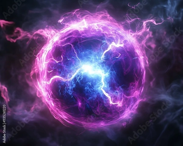 Fototapeta Abstract plasma sphere emitting purple blue light rays dark background static electricity experiment