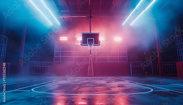 Obraz Basketball court with intense lighting, while hoop and scoreboard are ready for action on background with crowdy stages. Concept of sport games, competition, entertainment, action and motion