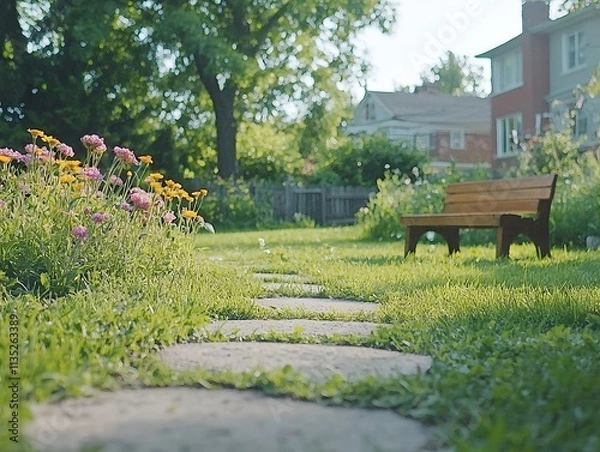 Fototapeta A serene garden path lined with flowers and a wooden bench for relaxation.