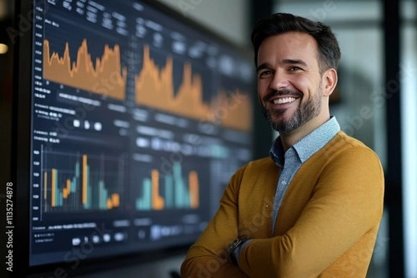 Fototapeta Confident businessman standing in front of a digital screen displaying stock market graphs and data, showcasing financial analysis tools and modern office environment