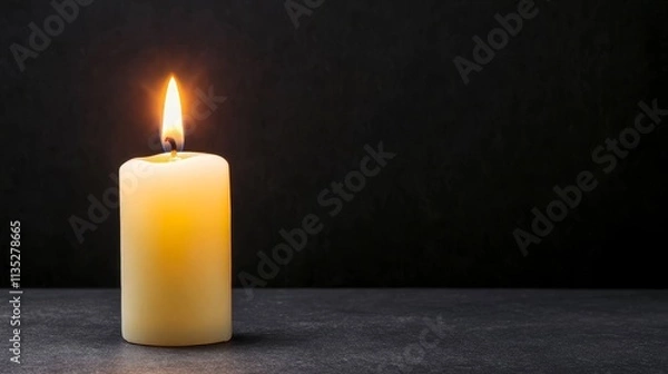 Fototapeta Single Burning Candle on Dark Background - Peace, remembrance, hope, serenity, light. A single candle flame illuminates the darkness.