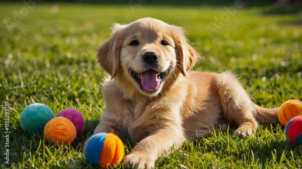 Fototapeta A playful Golden Retriever puppy enjoying a sunny day on a green lawn, surrounded by colorful dog toys, exuding happiness and energy.