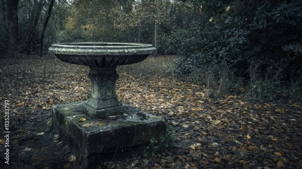 Fototapeta Stone birdbath sits in autumnal woodland.