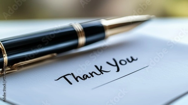 Fototapeta A black and gold pen resting on a handwritten "Thank You" note on a clean white surface. Represents gratitude, appreciation, and elegant communication for personal or professional occasions.