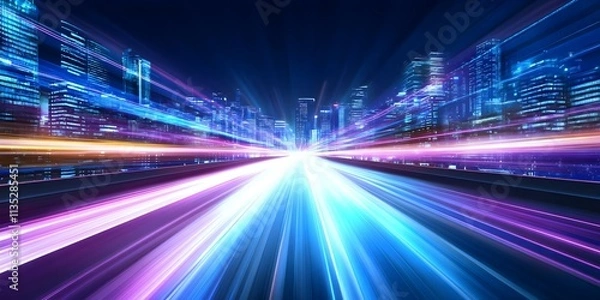 Fototapeta A futuristic cityscape at night with vibrant light trails, creating a sense of speed and movement through skyscrapers. Concept Futuristic Cityscape, Night Lights, Skyscrapers, Light Trails