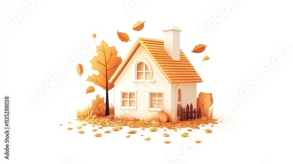 Fototapeta Cozy Autumn House: A 3D Render of a charming house nestled amidst falling autumn leaves, exuding warmth and tranquility.