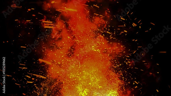 Fototapeta Bright fiery sparks and voluminous smoke rise to the sky creating a warm effect and immersing you in its atmosphere.
