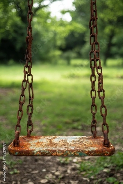 Fototapeta Rusty swing set in grassy area.