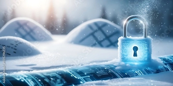 Fototapeta Icy data stream flows, glowing locks secure, frosted digital landscape, winter coding magic, cybersecurity shield
