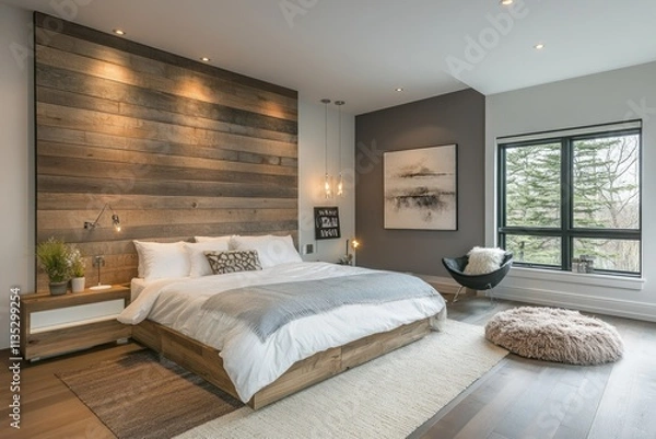 Obraz Modern Bedroom Interior with Rustic Wood Wall, Elegant Bedding, Cozy Décor, Large Windows, and Natural Light in Tranquil Atmosphere