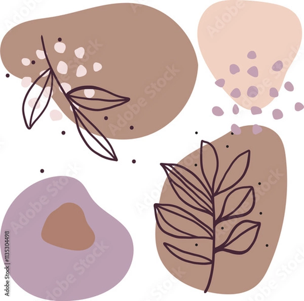 Fototapeta Abstract botanical illustration with organic shapes and line art leaves in pastel colors