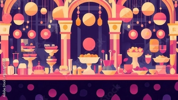 Obraz Elegant Flat Style Illustrations of Grand Banquet Tables with Decorative Foods and Drinks