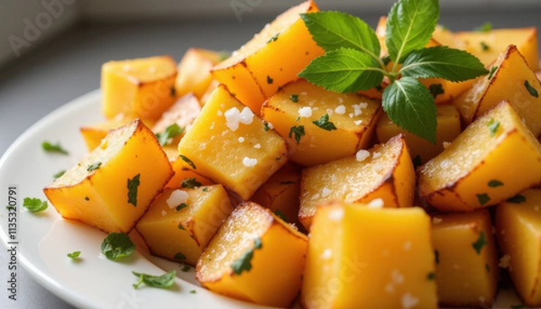 Obraz A close-up of a plate of cooked cassava, sliced into thick pieces and served with a sprinkle of sea salt
