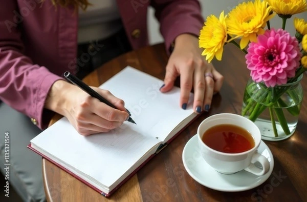 Fototapeta close-up, top view, woman taking notes in notebook, cup of tea and spring flowers on table