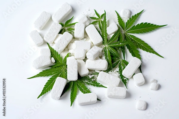 Obraz Cannabis tablets and natural compositions arranged on a white surface for medical purposes.