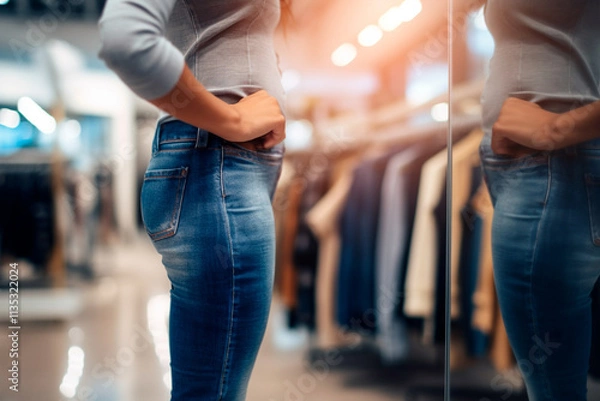 Obraz Fashionable lady trying on and selecting jeans at a clothing store during the BLACK FRIDAY promotion.