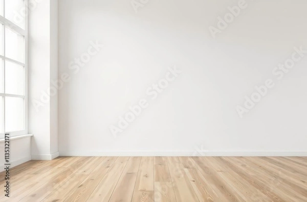 Fototapeta Empty white room with white wall and brown wooden floor. Studio or office blank space. Empty template for interior product. Minimalistic style.