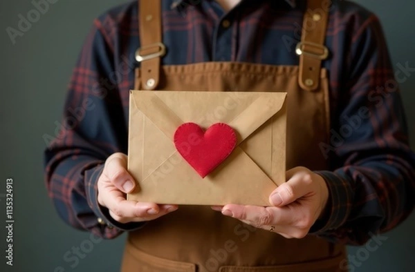 Fototapeta close-up, on the right there is space for text, a male postman holds a craft envelope with a picture of a heart, without inscriptions